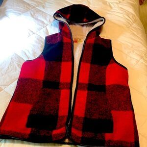 RUFF HEWN Buffalo plaid, fleece lined vest w/ hood, full zip, 4%wool, great